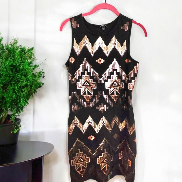 Express Y2K Bodycon Mini Dress Aztec Design Copper Gold Sequins Sexy P/S - Picture 2 of 12